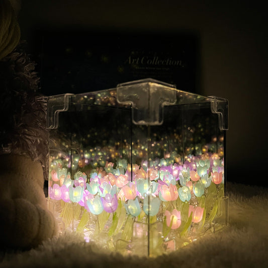 Decorative box with colorful LED lights inside, glowing softly.